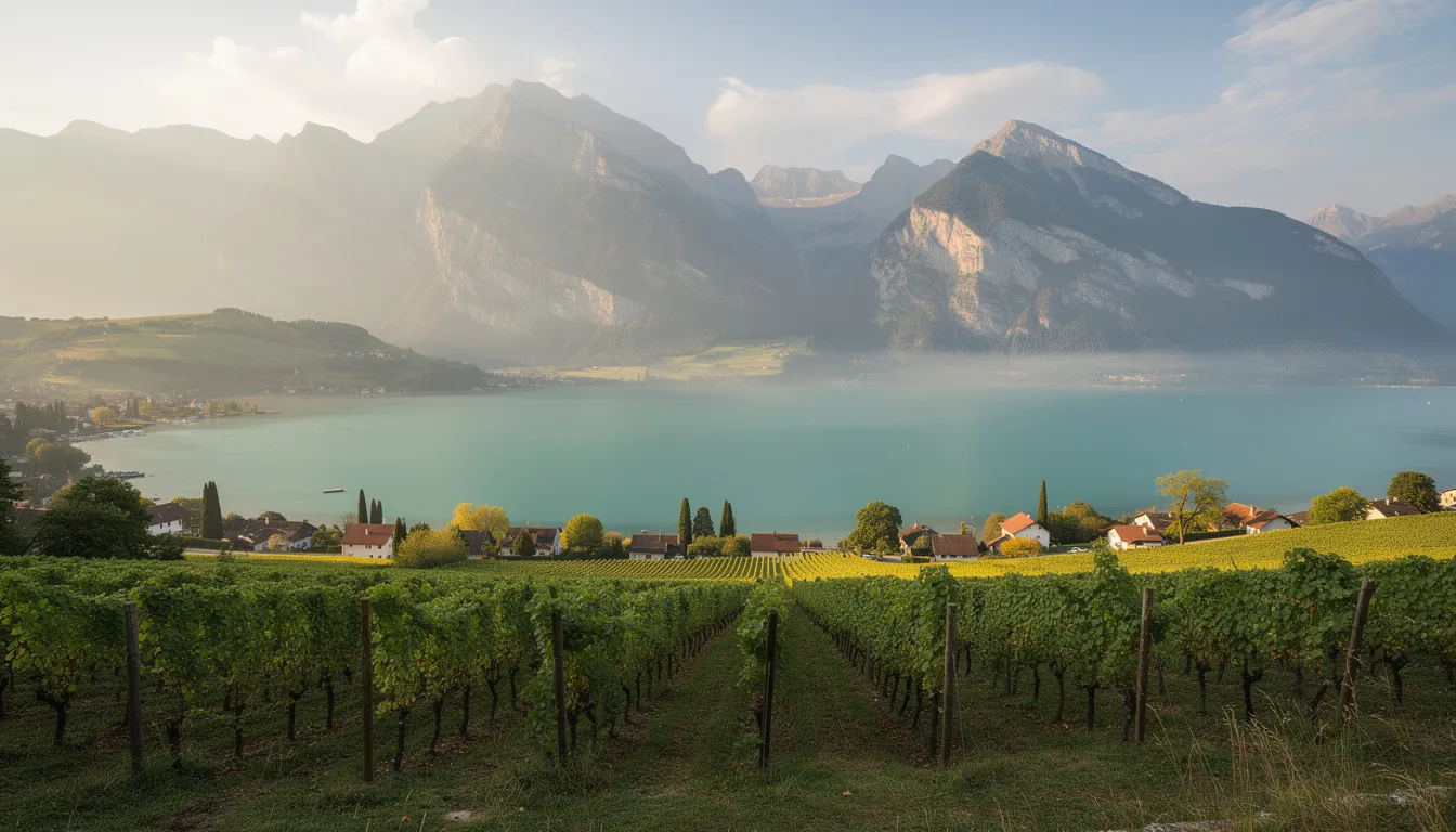 Kalterer See, Blick vom Weinberg am Hang zu den Alpen auf der anderen Seeseite