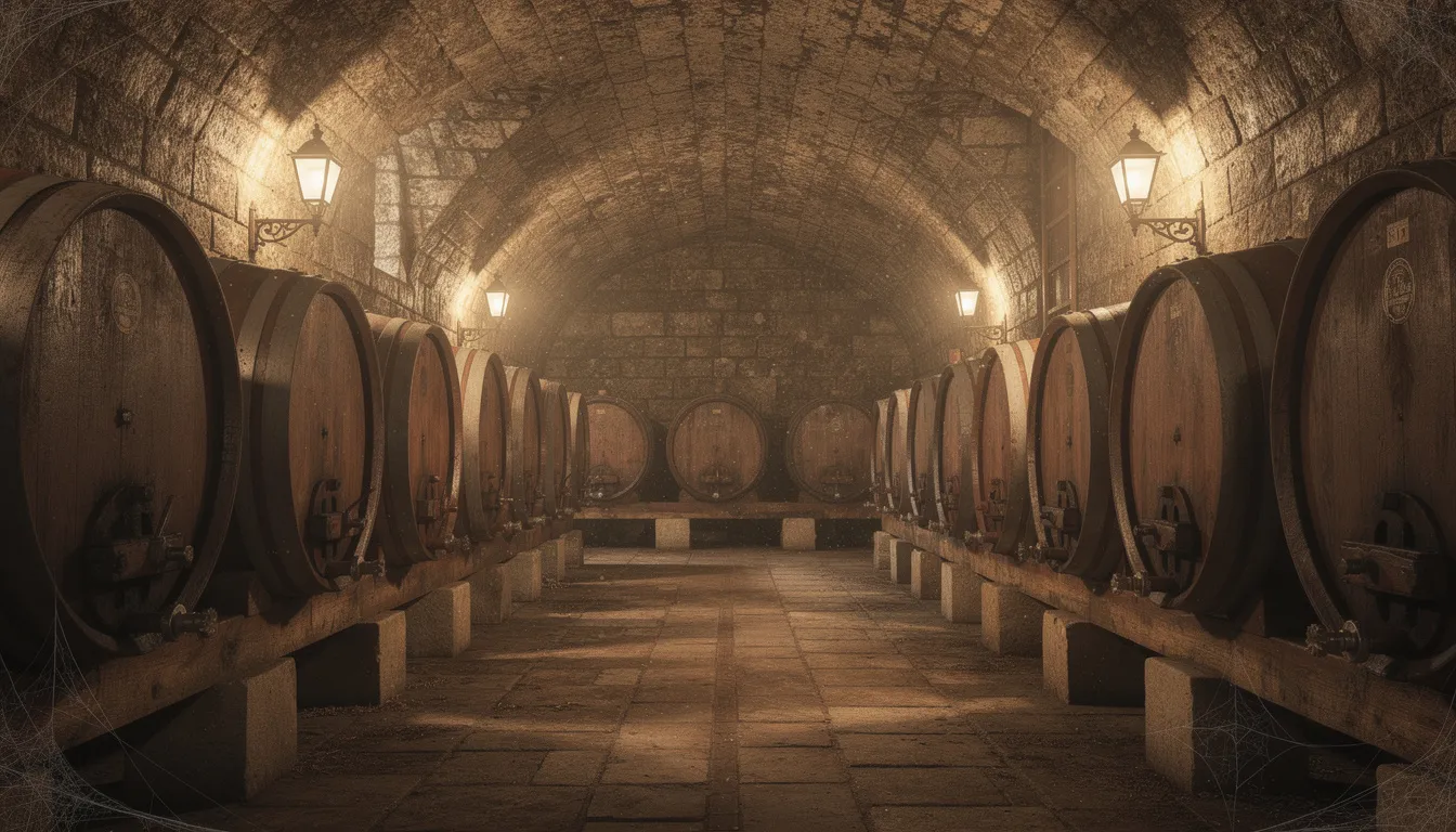 Weinkeller in Südtirol, Barrique, mit historischem Naturstein-Gewölbe und großen Weinfässern aus Eiche