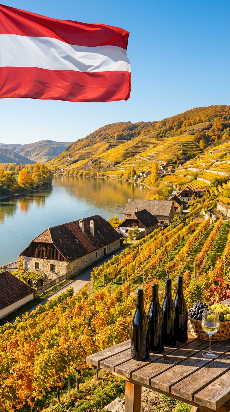 Weine Österreich online kaufen - Terrassenbau an der Donau - Blick über Weinreben, Anbau Grüner Veltliner und Riesling, darüber die österreichische Flagge