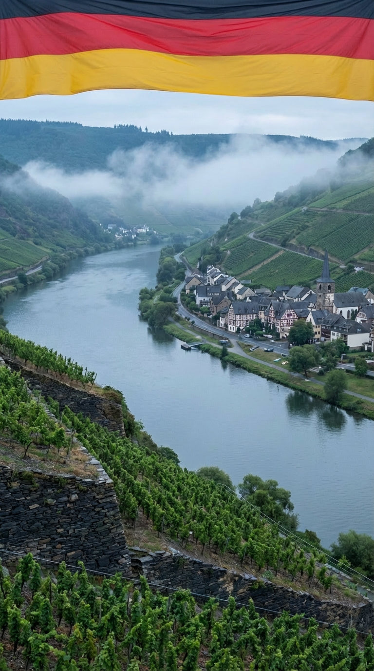Wein aus Deutschland online kaufen - Weinberge an der Mosel mit Weinterrassen, darüber weht die deutsche Flagge