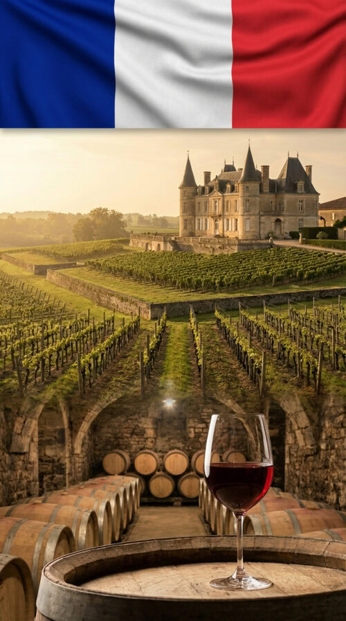 Weine aus Frankreich online kaufen - Weingut und Weinberge in Bordeaux mit Blick auf Classified Growth Château, französische Flagge oben im Bild