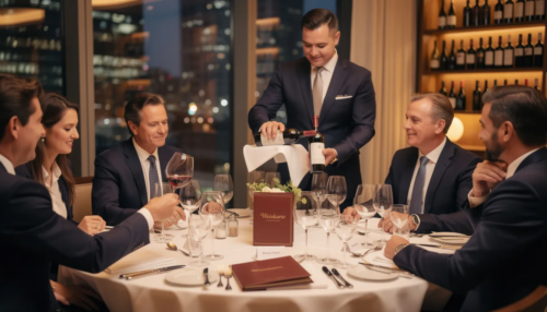 Ein elegantes Geschäftsessen mit professionellem Weinservice, bei dem eine Auswahl an top Weinen, darunter Rot- und Weißweine, präsentiert wird. Die stilvoll gedeckte Tafel und die sorgfältige Weinberatung schaffen ein unvergessliches Einkaufserlebnis für Weinfreunde.