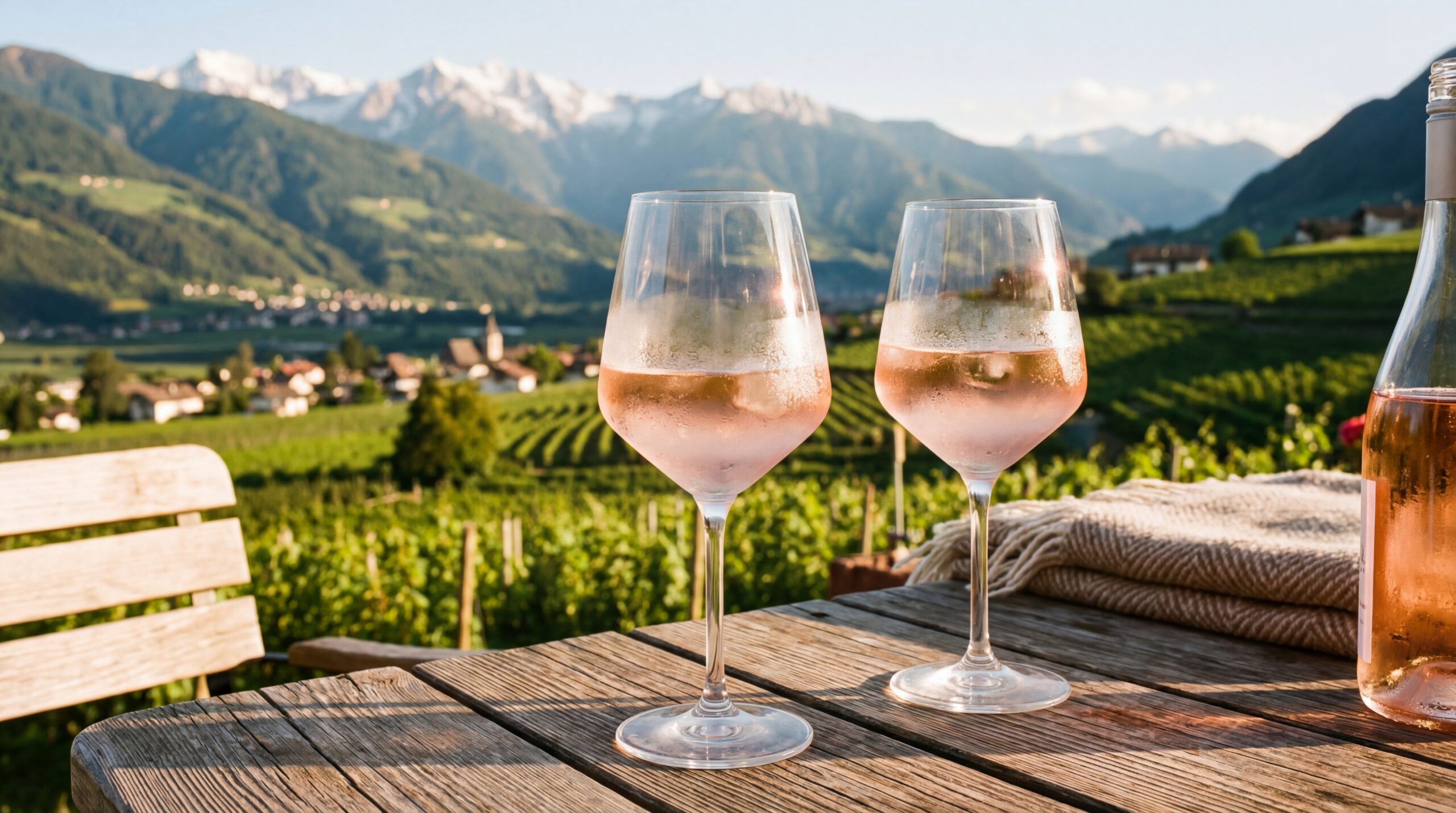 Roséwein aus Südtirol als Aperitif auf Südtiroler Terrasse mit Bergpanorama