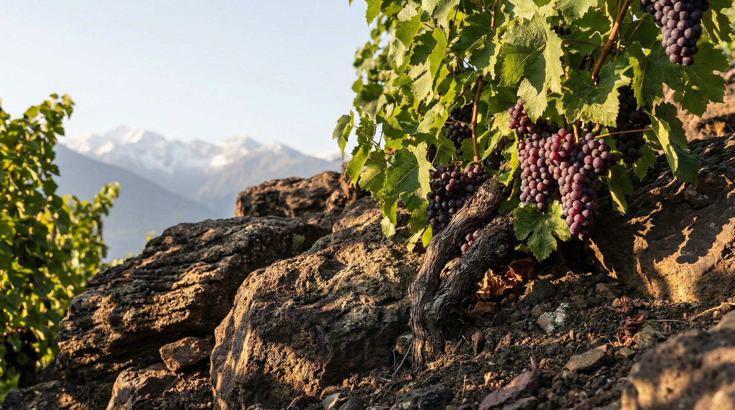 Lagrein-Weinreben für Roséwein-Produktion auf vulkanischen Porphyrböden in Südtirol mit alpinem Bergpanorama