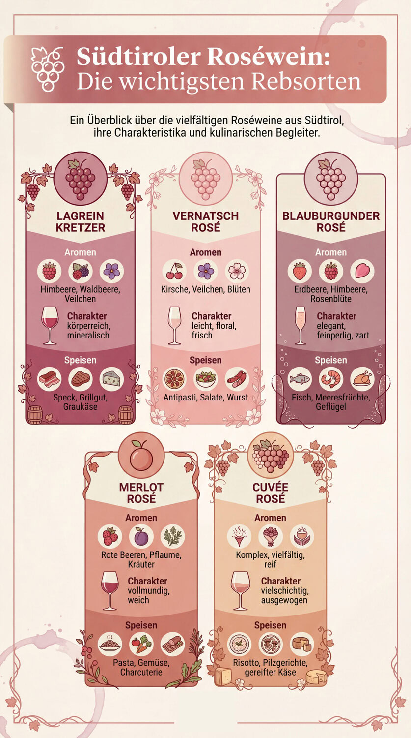Die wichtigsten Rebsorten für Roséwein aus Südtirol – Lagrein, Vernatsch, Blauburgunder, Merlot, Cuvée - Infografik von Point4Wine