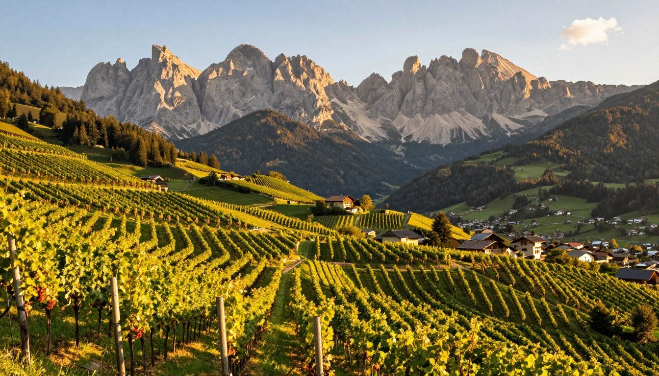 Rotwein-Reben in Südtirol in Weinberg an sonnenreichem Hang vor der beeindruckenden Kulisse der Dolomiten