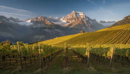 Weingut Südtirol mit Weinreben in kräftiger mediterraner Sonne - schneebedeckte Alpen im Hintergrund - italienische Weinvielfalt