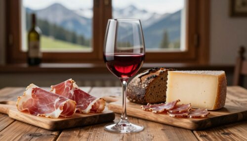 Ein Glas Rotwein aus Südtirol mit 5 Scheiben Original Südtiroler Speck und 1 Stück Alpenkäse, dazu 1 Vinschgerl