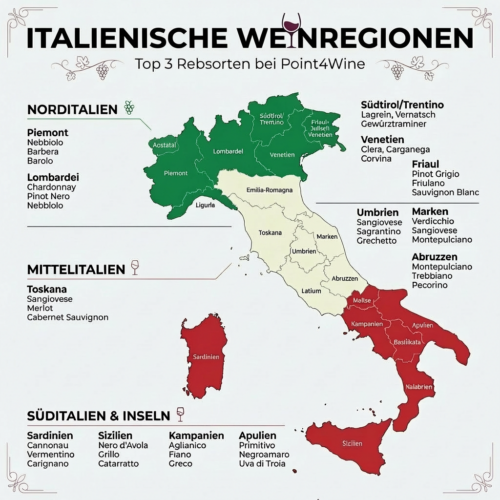 Weinregionen Italiens mit Top 3 Reborten fĂĽr jede Region - gegliedert nach Nord-, Mittel-, SĂĽditalien - eigene Darstellung, auf Basis der Topseller im Point4Wine-Shop