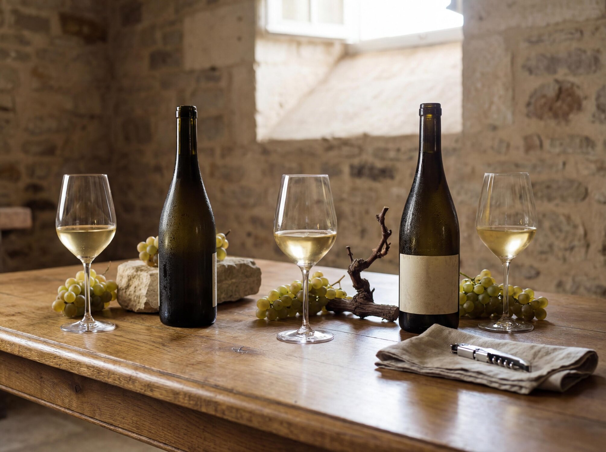 3 Flaschen Weißwein aus Südtirol mit Gläsern zur Weinverkostung, auf elegantem Holztisch, dekoriert mit weißen Rebsorten