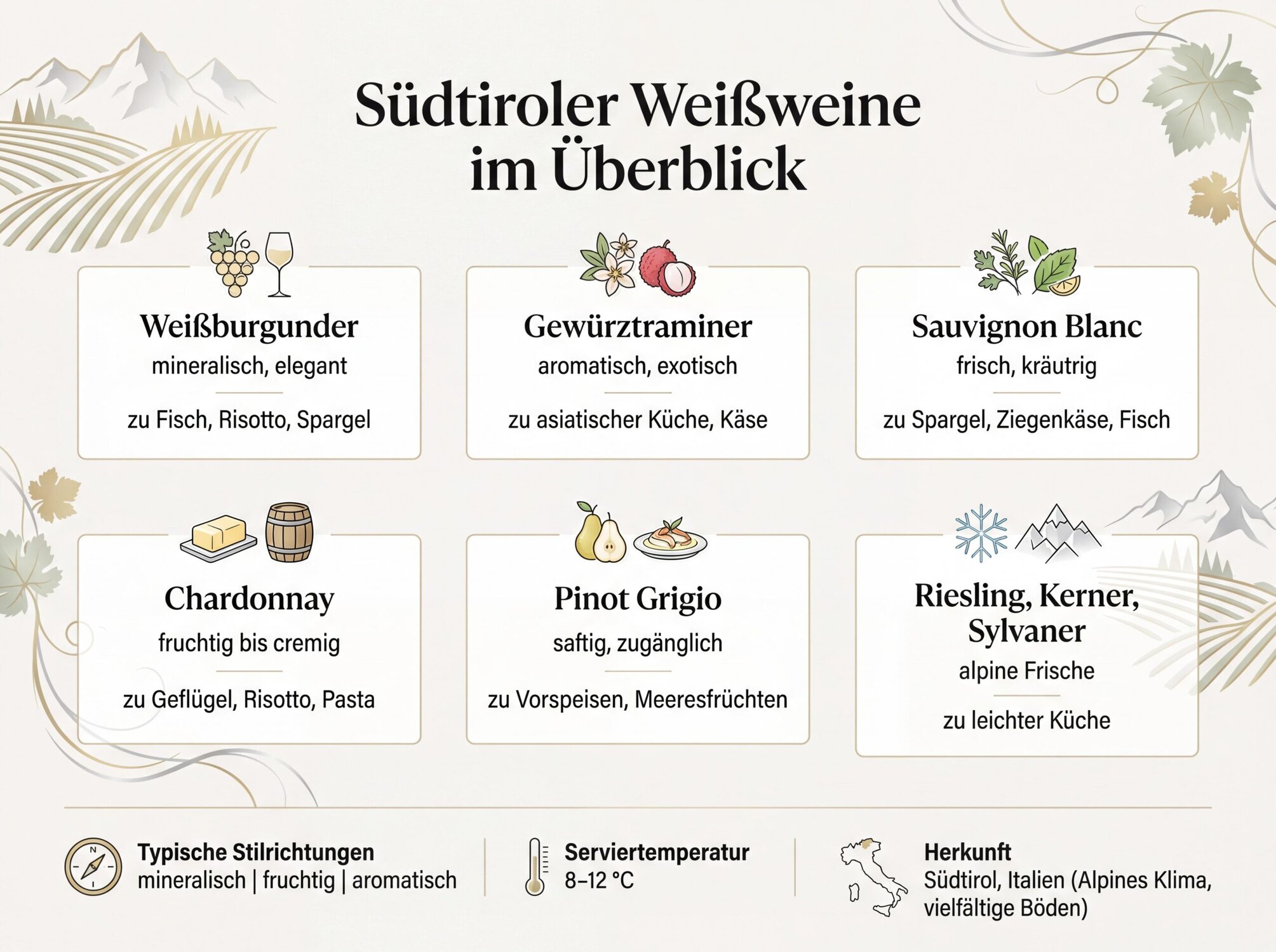 Südtiroler Weißwein-Rebsorten und typische Aromatik, Infografik Point4Wine Onlineshop