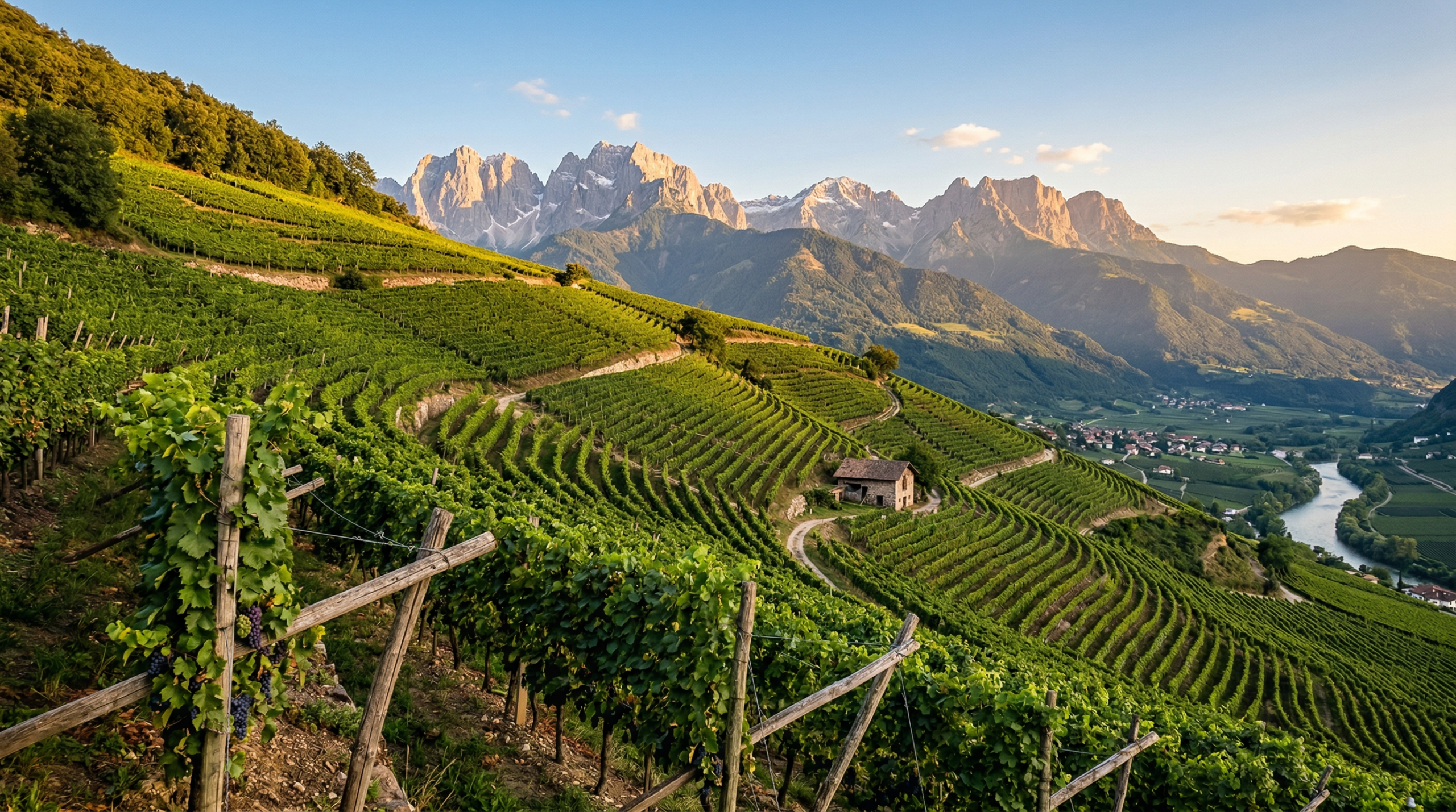 Bio-Weinbau in Südtirol Alto Adige, alpines Terroir und Weinberge mit naturbelassenen Wiesen, Biodiversität und zertifizierten Standards