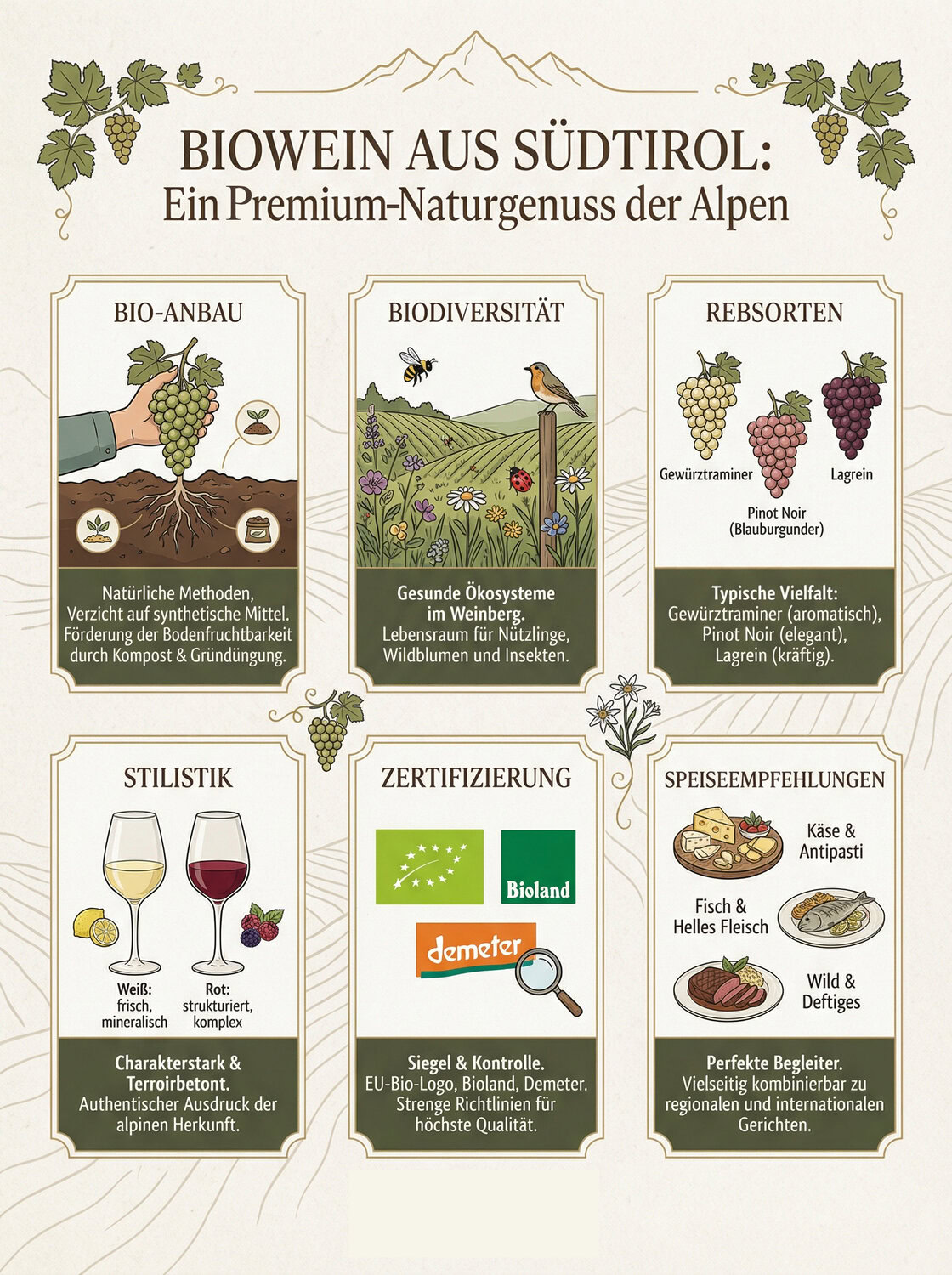 Bio-Weine Alto Adige Südtirol - Anbau, Rebsorten, Stilistik, Speiseempfehlungen, Zertifizierung Bioland und Demeter - Infografik Point4Wine Shop