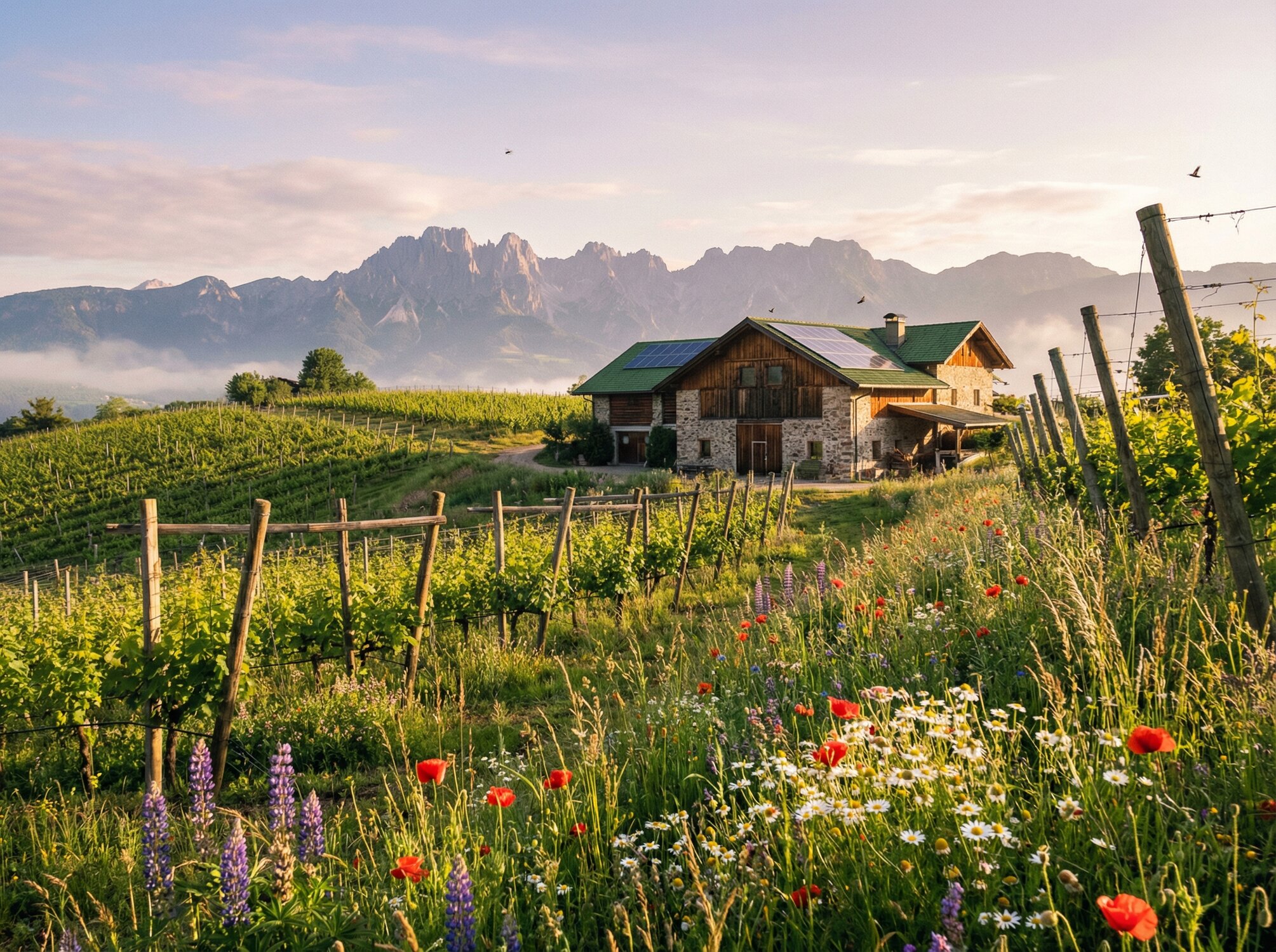 Bio-Wein Südtirol in alpiner Weinlandschaft mit Reben, Gräsern, Blumen, Bergen und mediterranem Licht
