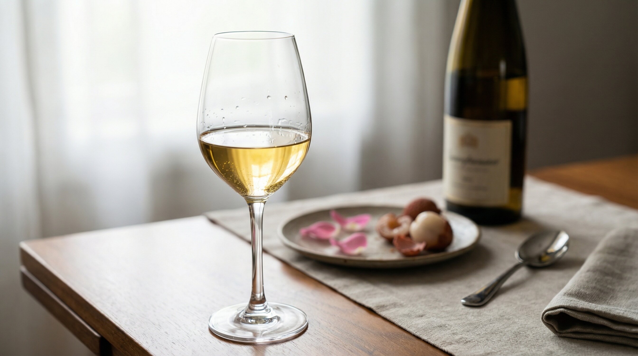 Gewürztraminer Wein aus Südtirol mit goldenen Reflexen und typischer Aromatik von Rosenblüten und Litschi