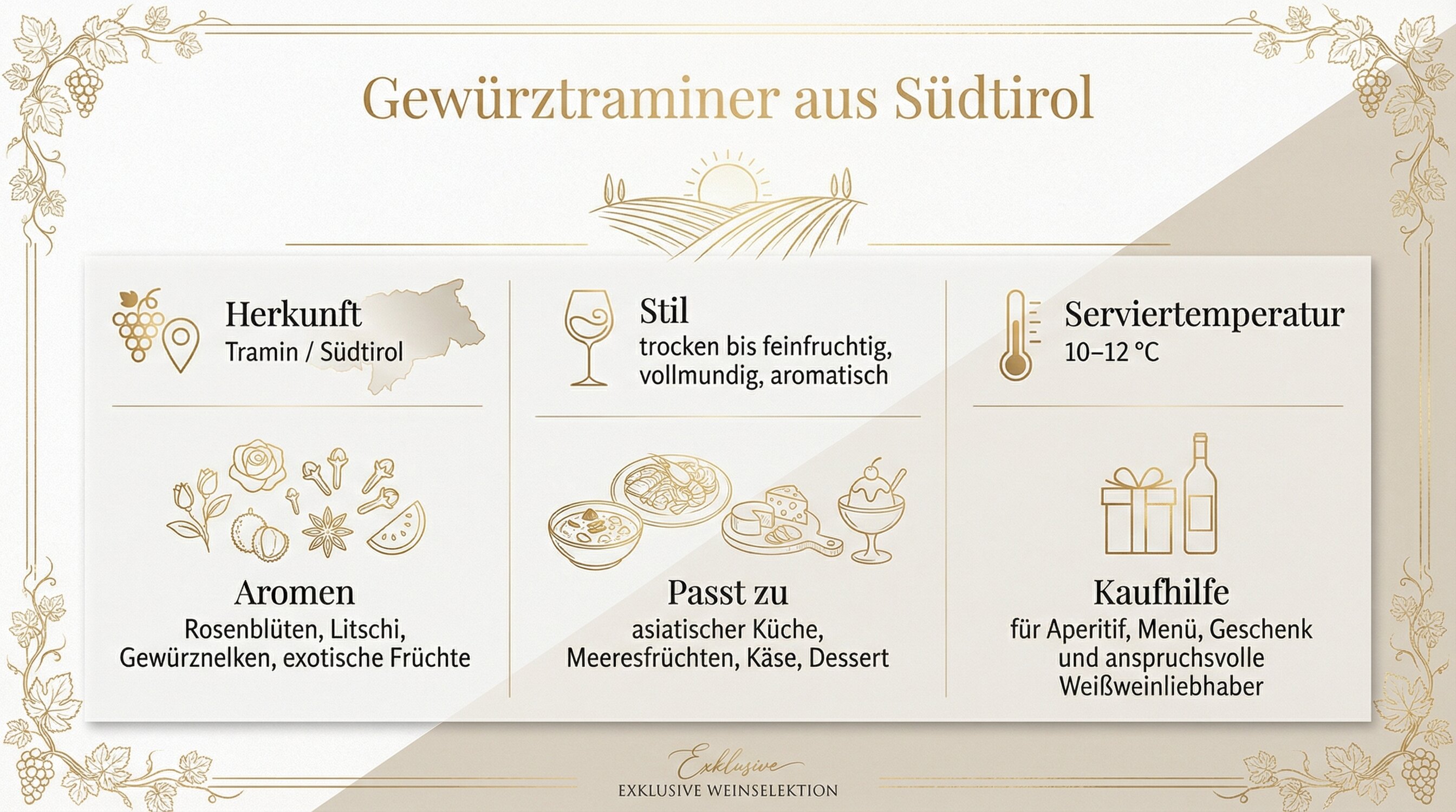 Infografik zu Gewürztraminer aus Südtirol mit Überblick zu Aromatik, Stilistik, Speiseempfehlung und Kaufhilfe - erstellt von Point4Wine