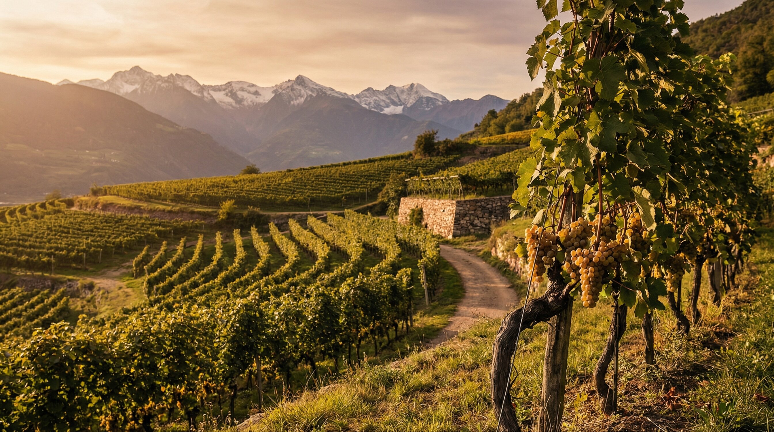 Gewürztraminer aus Südtirol mit Weinbergen in Tramin und typischem Terroir in Alto Adige