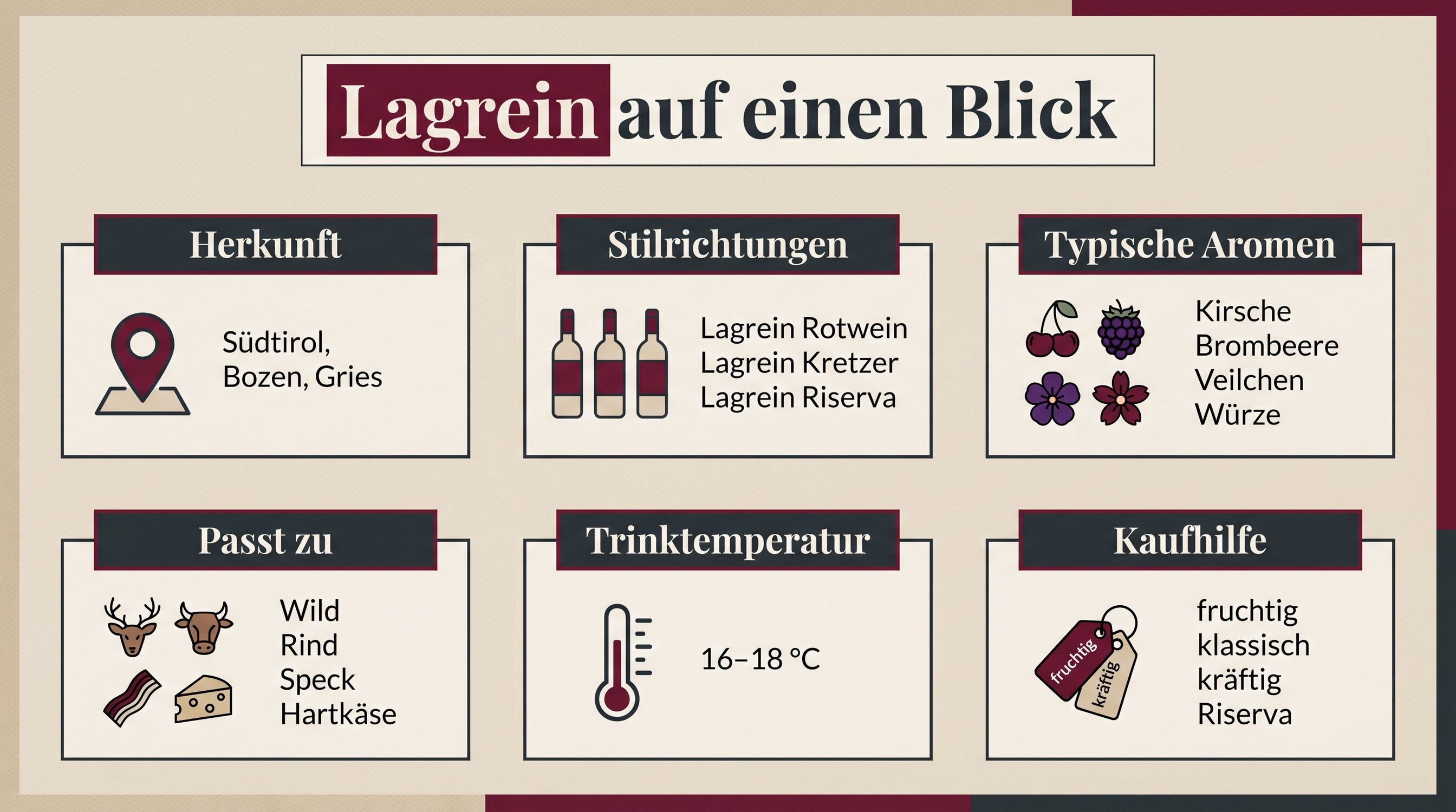 Infografik zu Lagrein Wein Südtirol mit Stilistik Aromatik Speisen und Kaufhilfe
