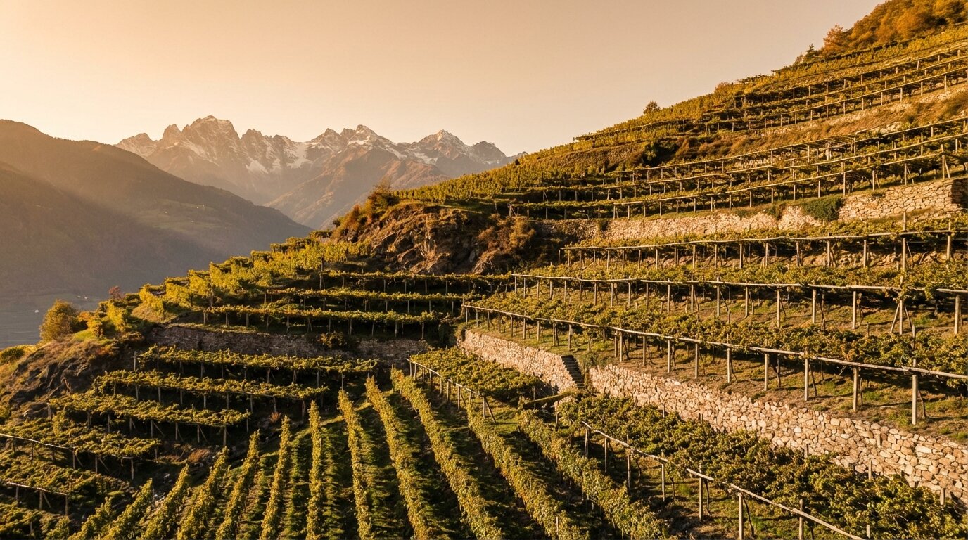 Südtiroler Weinberge in alpiner Höhenlage mit Dolomiten-Panorama – Terroir für erstklassige Schaumweine