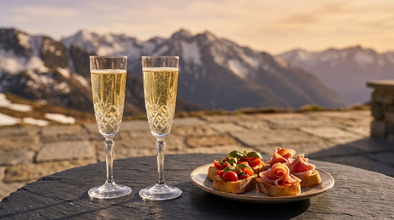 Eleganter Aperitif mit Südtiroler Sekt – zwei Sektgläser mit feiner Perlage vor alpinem Bergpanorama auf Terrasse