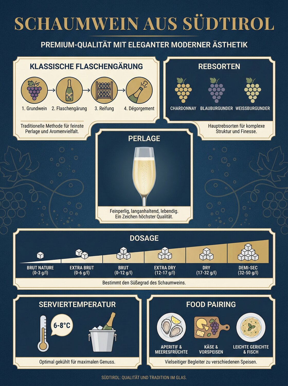 Infografik: Südtiroler Schaumwein DOC – Metodo Classico, Rebsorten, Dosage, Perlage, Serviertemperatur und Food Pairing, erstellt von Point4Wine