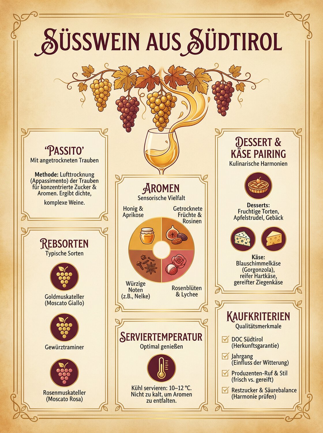 Süßwein & Dessertwein aus Südtirol - Infografik von Point4Wine zu Passito, Rebsorten, Aromen, Serviertemperatur, Dessert- und Käse-Pairing, Kauf-Kriterien