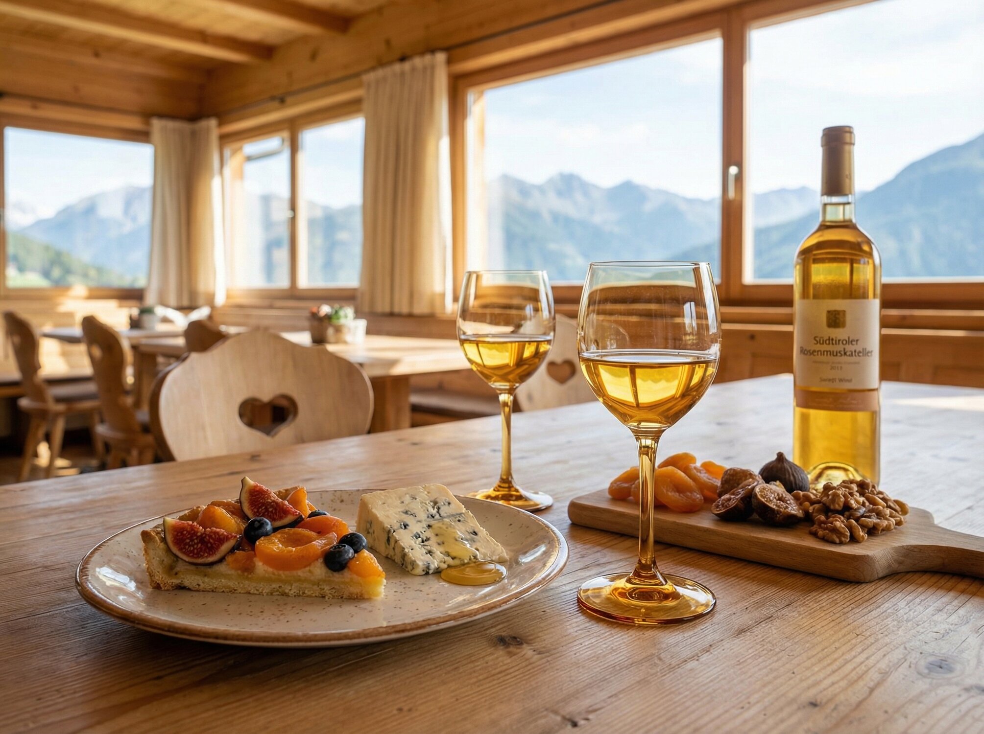 1 Flasche Süßwein Rosenmuskateller aus Südtirol mit verschiedenen Desserts, Käse, Trockenfrüchten und Nüssen - auf Holztisch in Restaurant mit Alpenblick