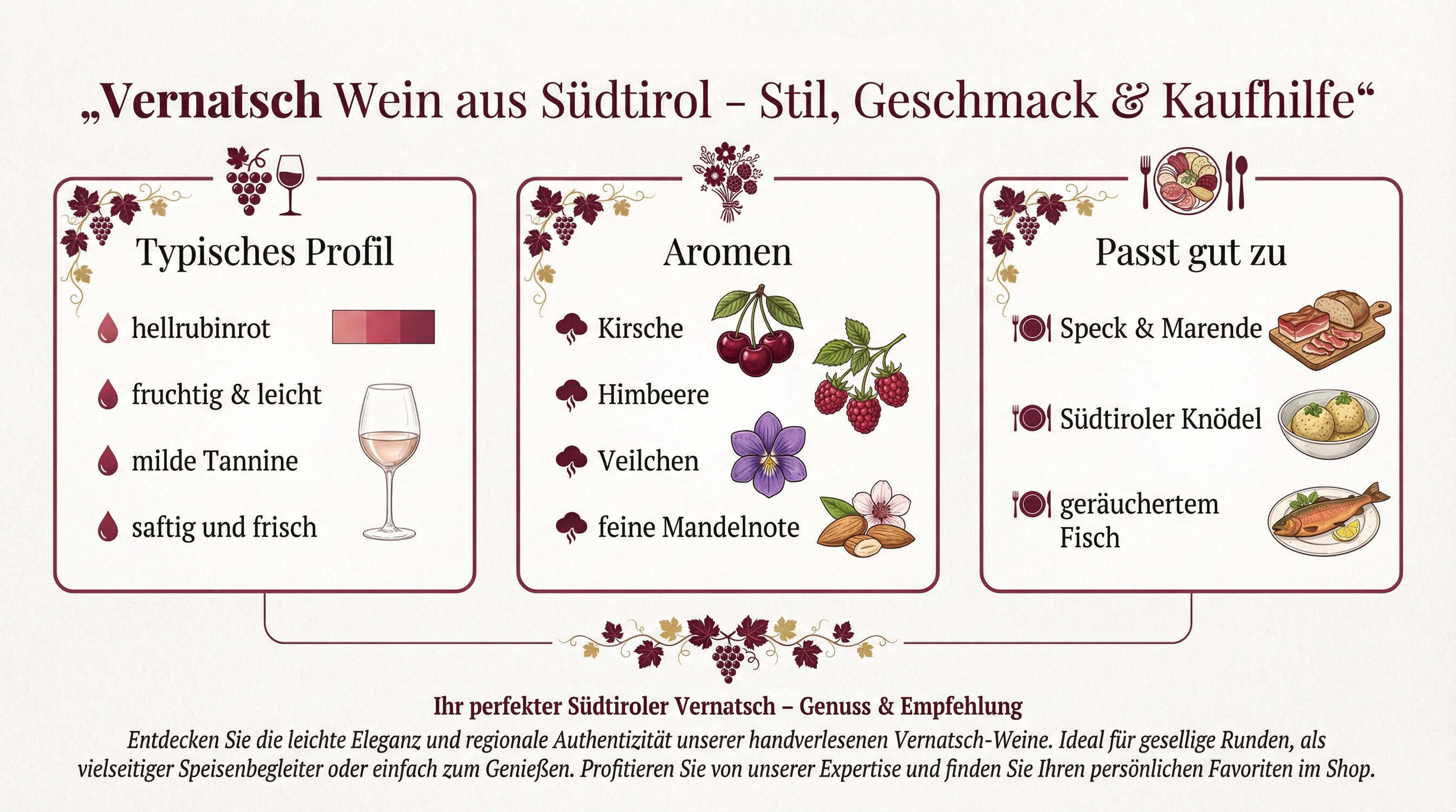Infografik zu Vernatsch Wein Südtirol mit Stilistik, Herkunft, Aromatik, Trinktemperatur und Kaufhilfe