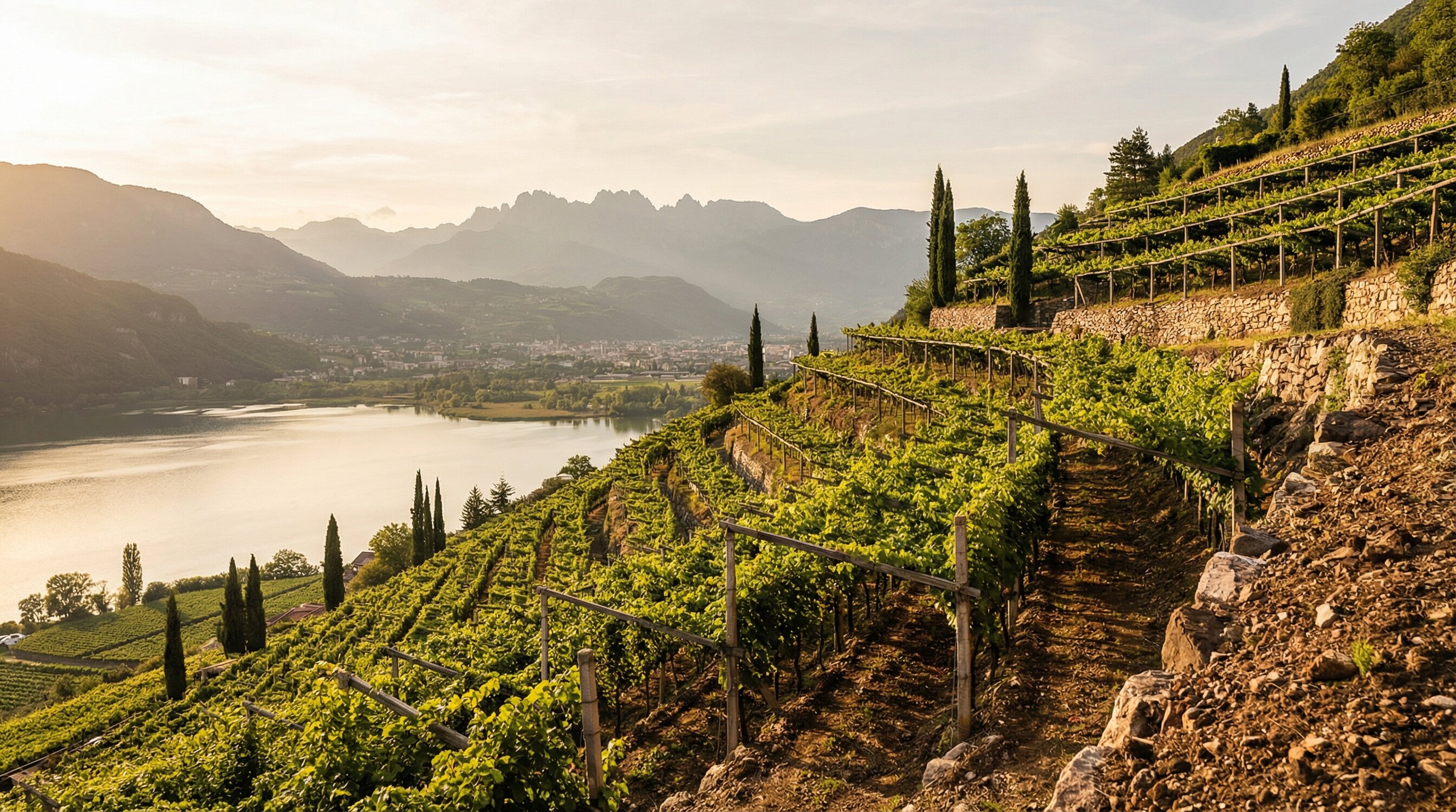 Vernatsch Wein Südtirol mit Weinbergen in Bozen, Kalterer See und typischem Terroir