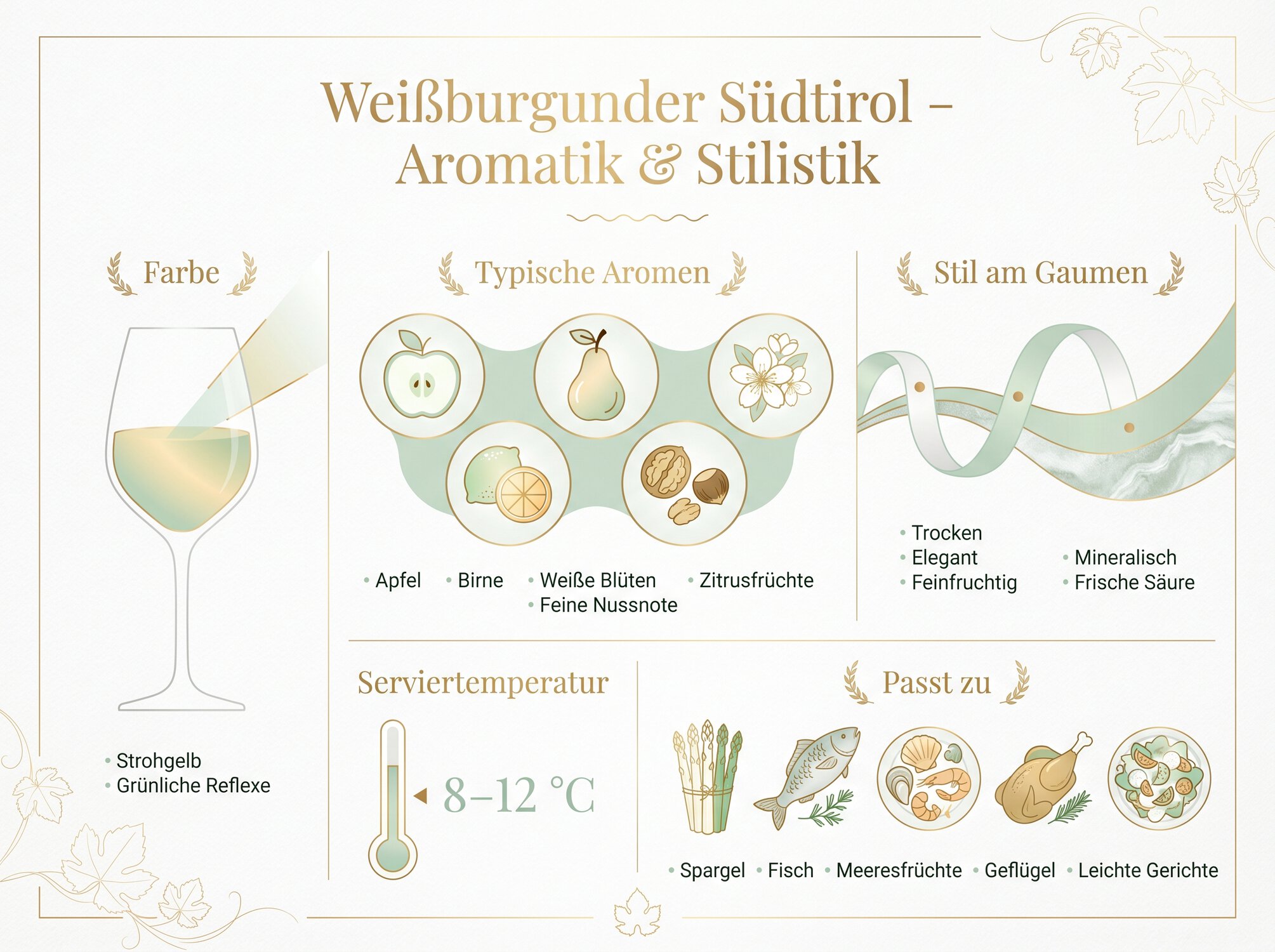 Infografik zu Weißburgunder Südtirol mit Aromatik, Stilistik, Serviertemperatur und Speiseempfehlungen