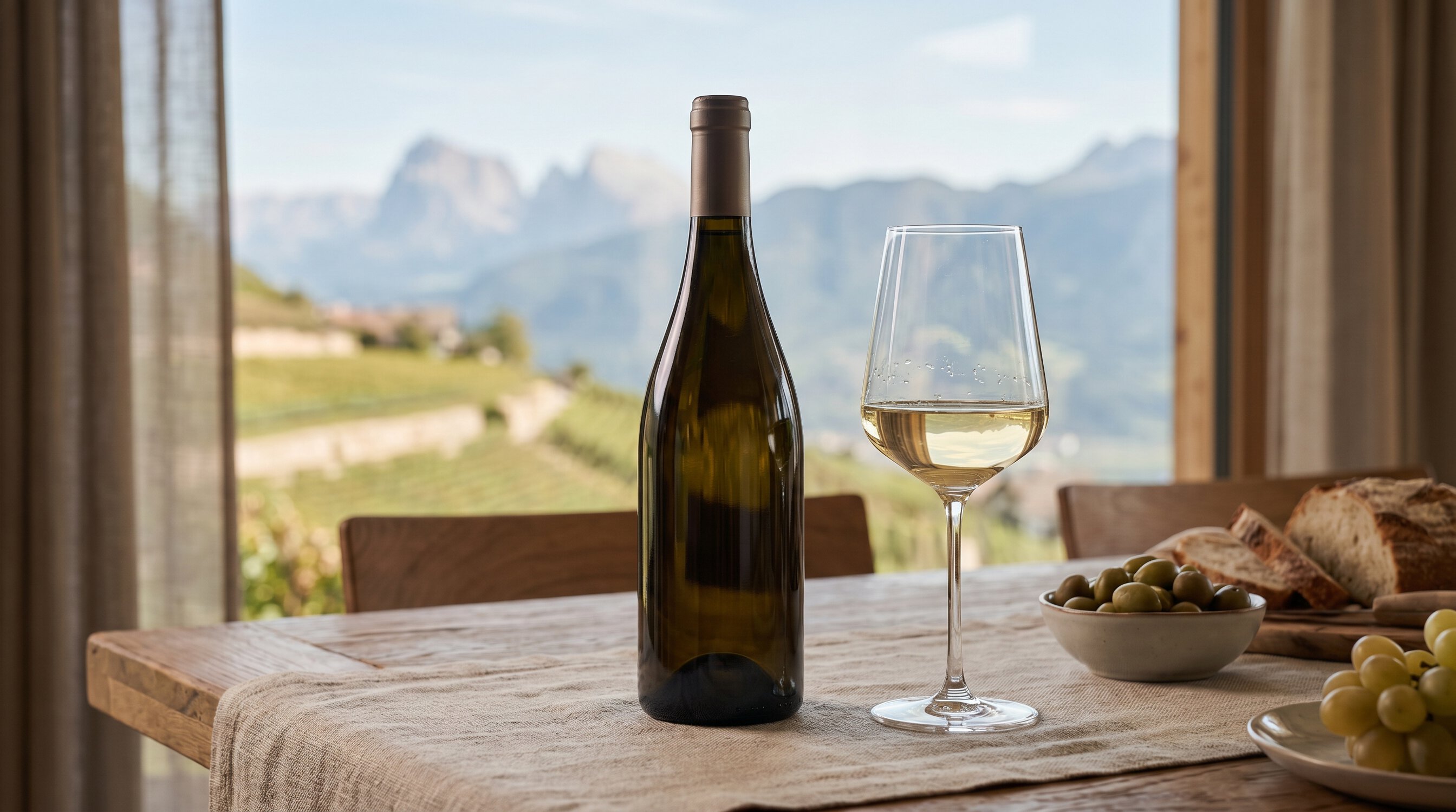 Eleganter Weißburgunder aus Südtirol, Pinot Bianco Alto Adige im Weinglas und in 0,75 l Flasche, Kategoriebild Point4Wine