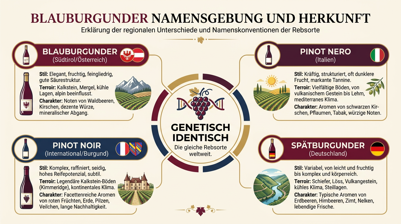 Blauburgunder Namensgebung Infografik: Pinot Noir, Spätburgunder, Pinot Nero Unterschiede erklärt