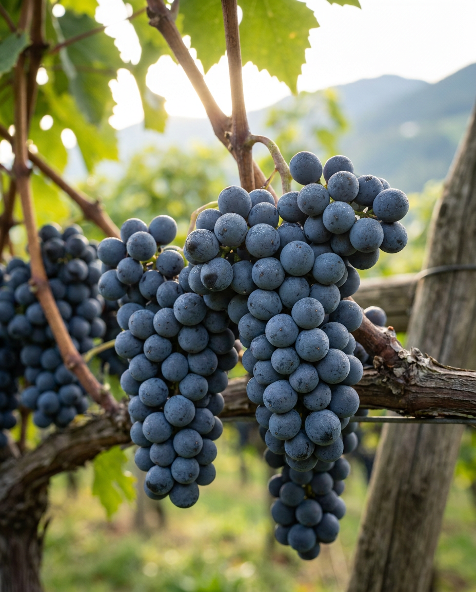 Blauburgunder Pinot Noir Trauben am Rebstock, dunkelblaue Beeren der edlen Rebsorte in Südtirol
