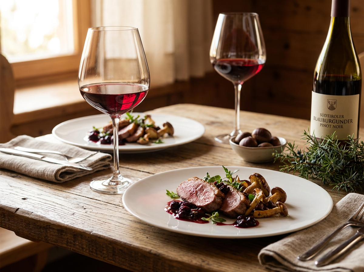 Blauburgunder Pinot Noir Südtirol mit Wildbret und Pilzen, perfektes Food Pairing Rotwein