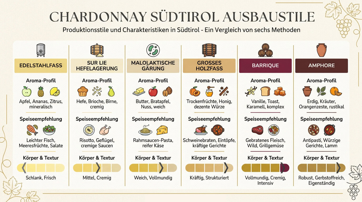 Chardonnay Südtirol Ausbaustile Infografik: Edelstahl, Barrique, Holzfass, Hefelagerung Vergleich