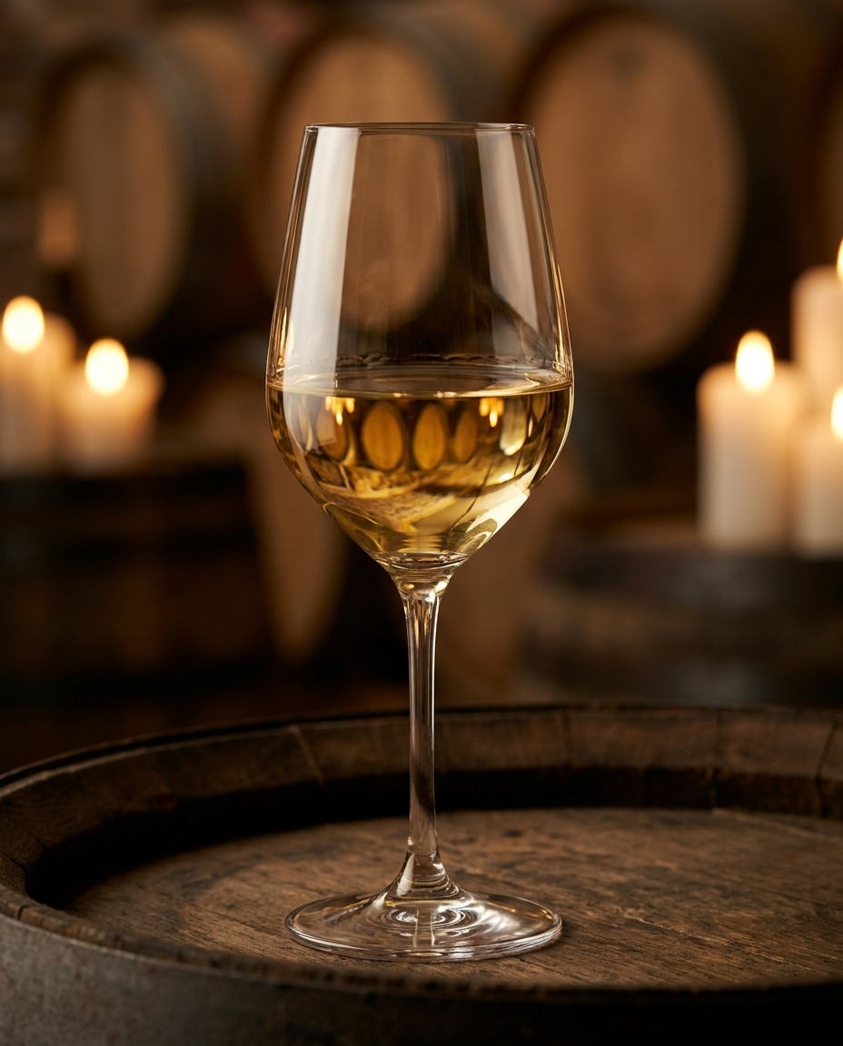 Elegantes Weinglas mit goldenem Chardonnay im Barrique-Keller, Holzfass-Ausbau Südtirol