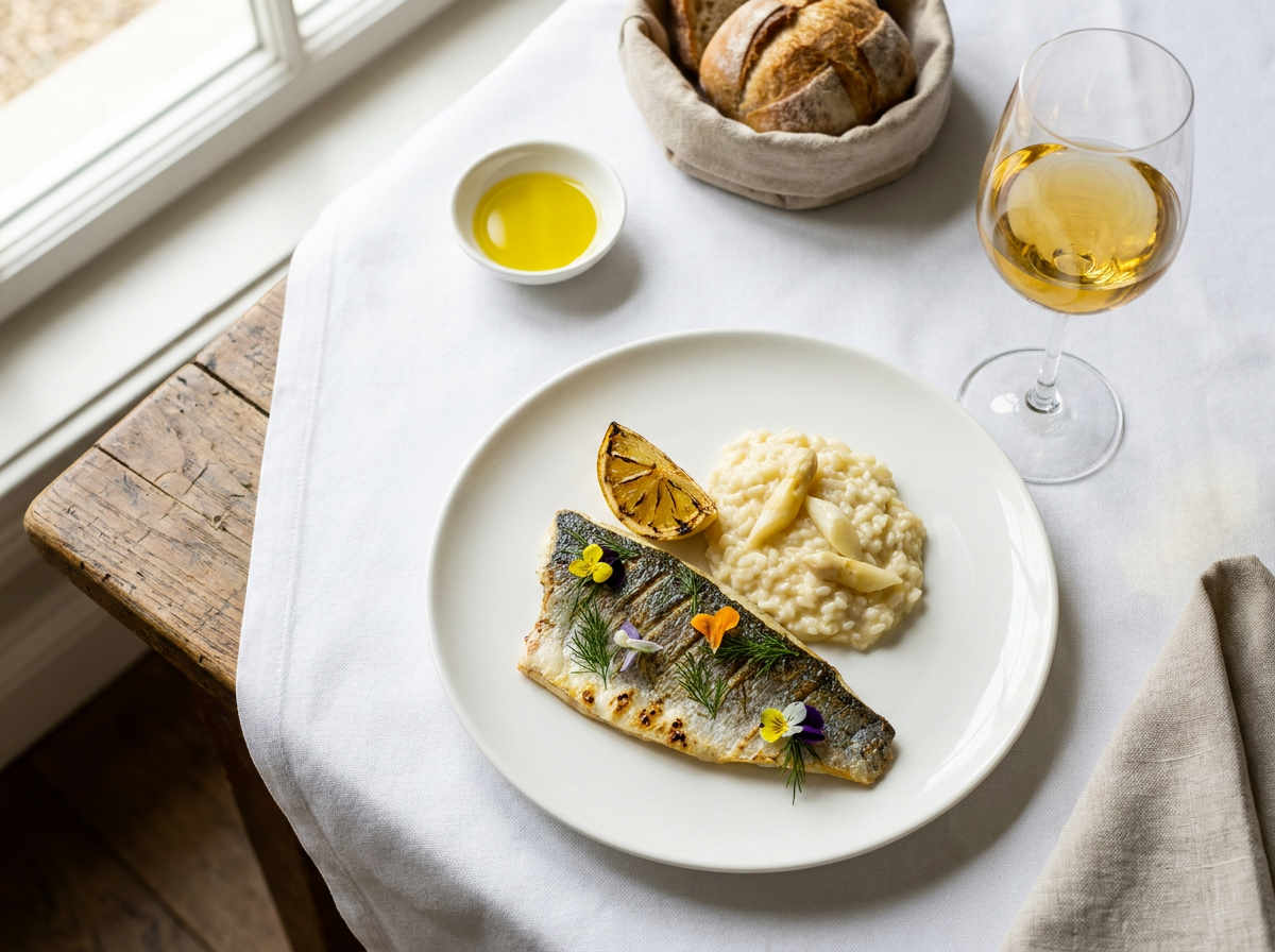 Chardonnay Südtirol Food Pairing mit gegrilltem Fisch, Spargel-Risotto und Weißwein im Glas