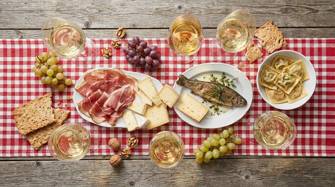 Eisacktaler Kellerei Wein mit Südtiroler Küche - Speck, Forelle, Schlutzkrapfen, Schüttelbrot, Käse Pairing