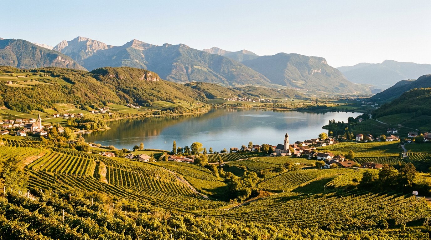 Kalterersee Weinberge am See Überetsch Südtirol mit mediterranem Klima und Dolomiten