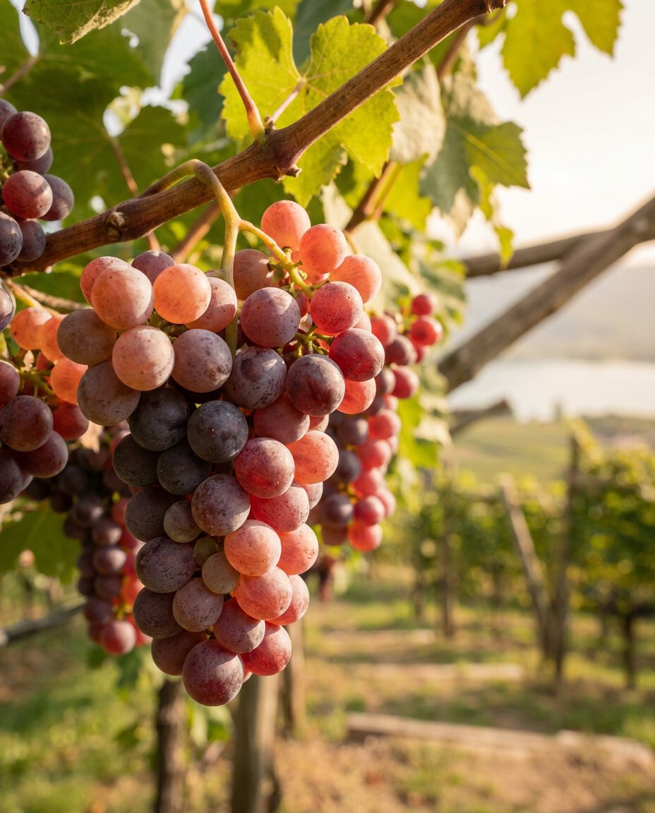 Kalterersee Vernatsch Trauben an Pergola-Rebstock, rote Beeren der Leitrebsorte