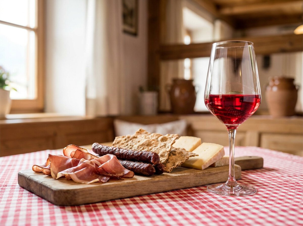 Kalterersee Rotwein mit Südtiroler Marende, Speck, Käse und Bauernbrot