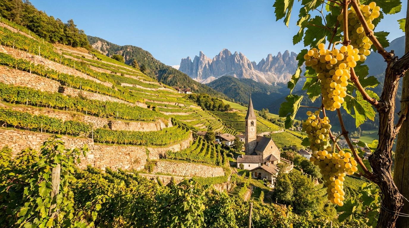 Kerner Weinberge im Eisacktal Südtirol, extreme Höhenlagen 800-900 Meter, alpines Weißwein-Terroir