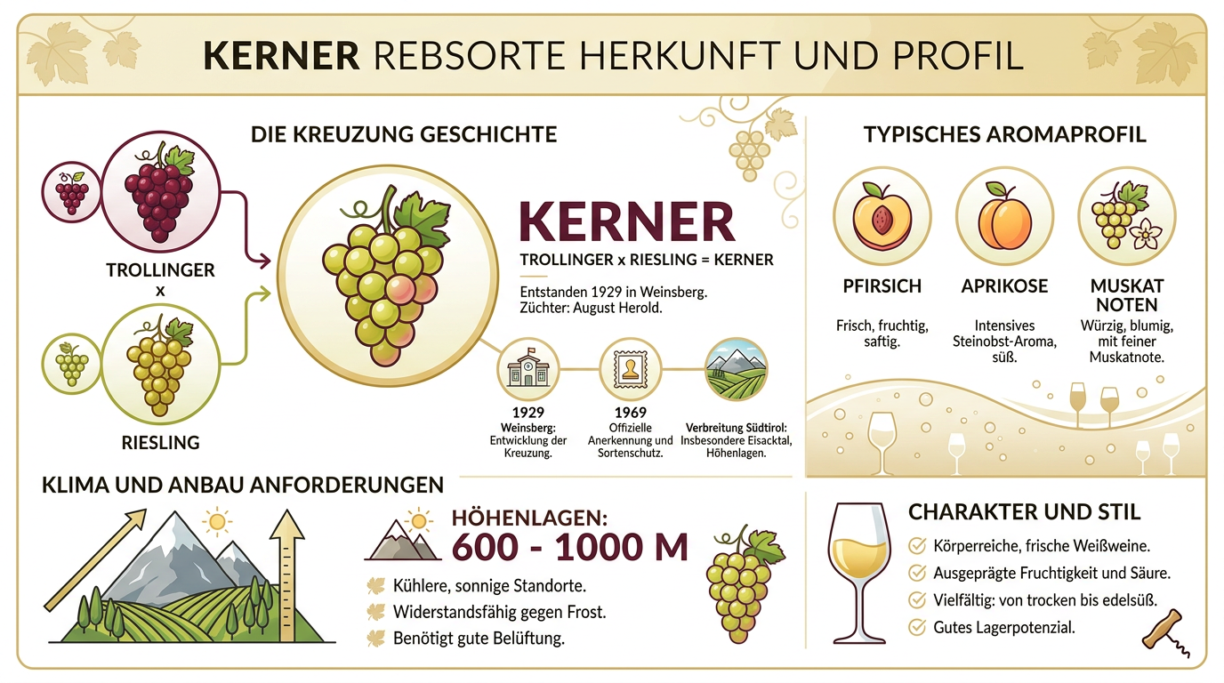 Kerner Rebsorte Infografik: Herkunft Weinsberg, Kreuzung Trollinger Riesling, Anbau Eisacktal