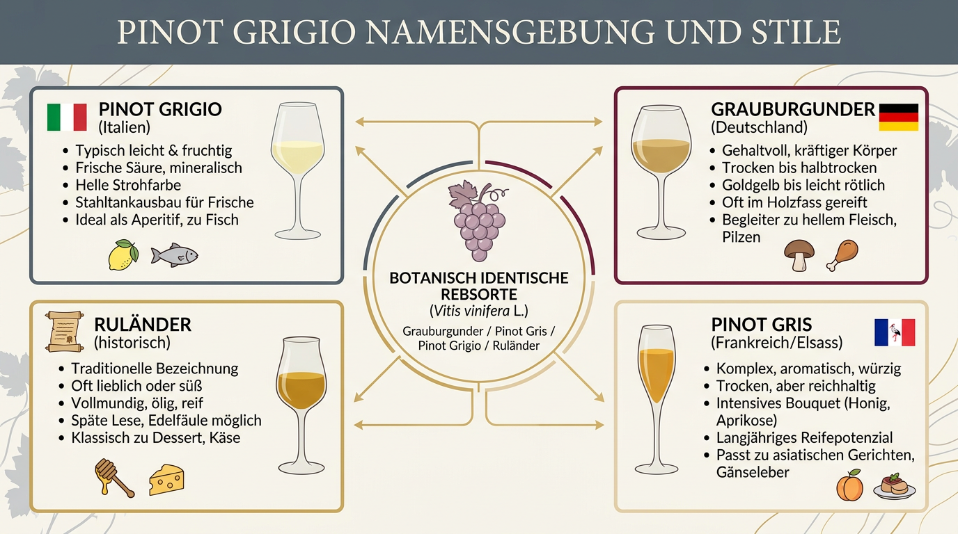 Pinot Grigio Südtirol Infografik: Grauburgunder, Ruländer, Pinot Gris Unterschiede erklärt