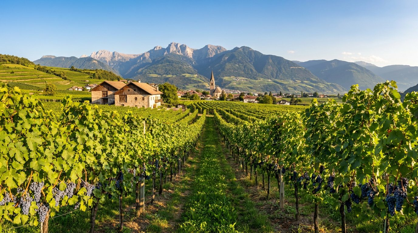 Pinot Grigio Weinberge im Südtirol-Unterland mit Dolomiten, Grauburgunder-Rebstöcke im Überetsch