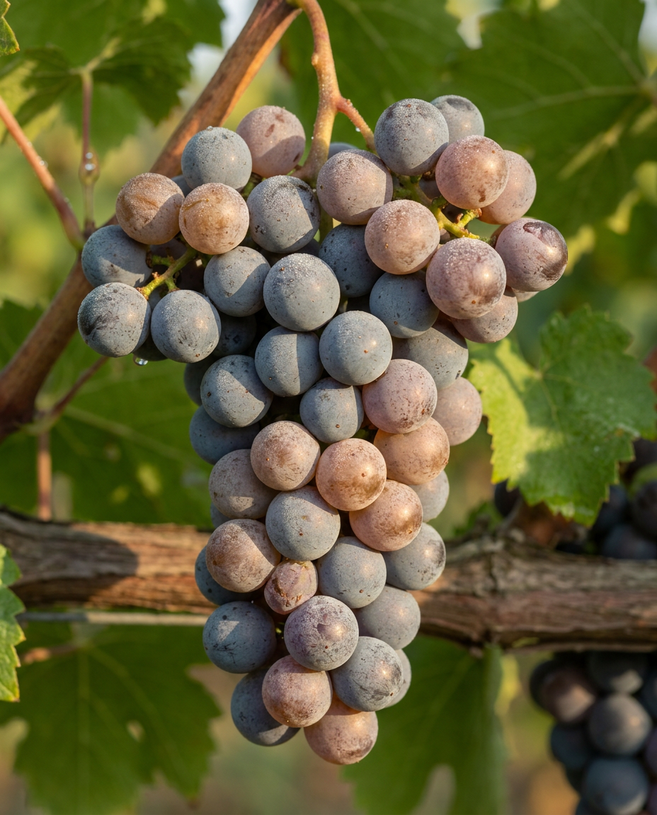 Pinot Grigio Traube Nahaufnahme, charakteristische grau-blaue Beeren der Grauburgunder Rebsorte