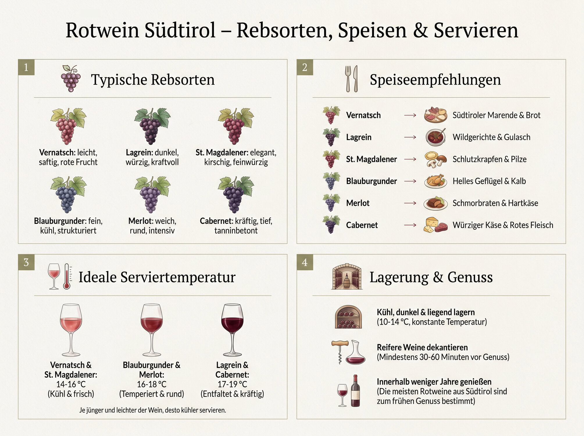 Infografik zu Rotwein Südtirol mit typischen Rebsorten, Speiseempfehlungen, Serviertemperaturen sowie Lagerung und Dekantieren