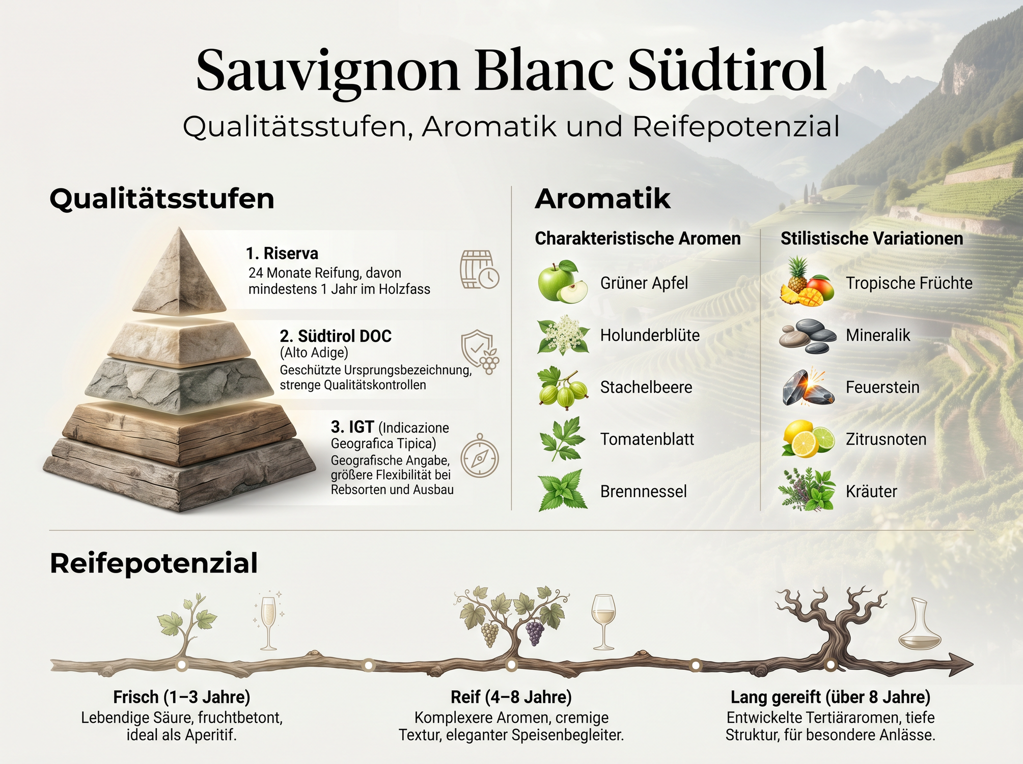 Sauvignon Blanc Südtirol Infografik: Qualitätsstufen, Aromatik, Reifepotenzial