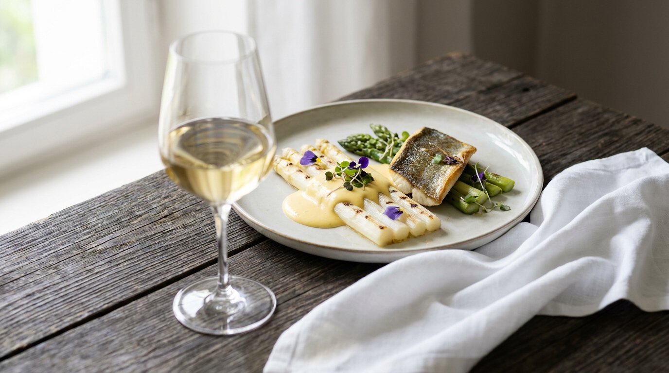 Sauvignon Blanc Südtirol Food Pairing mit weißem grünem Spargel, Seebarsch und Hollandaise