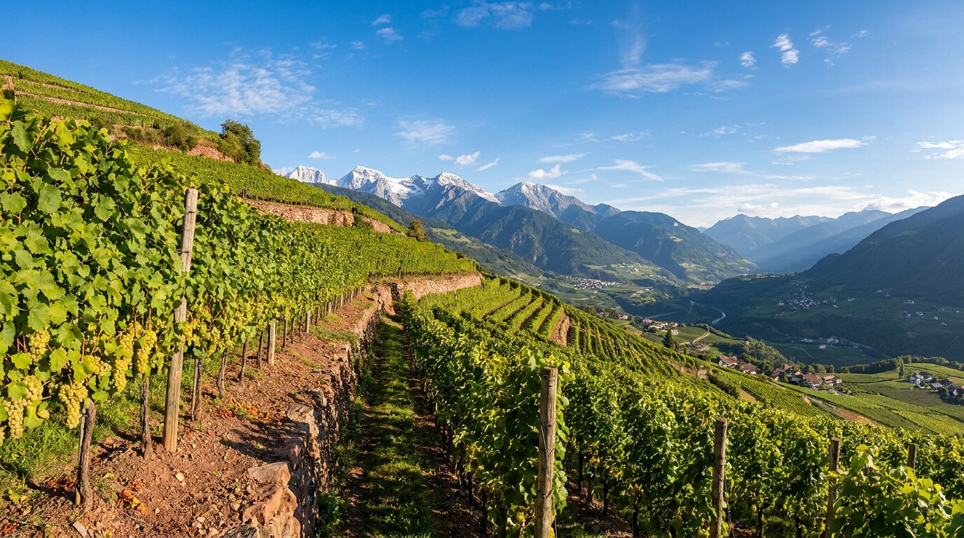 Sauvignon Blanc Weinberge Südtirol mit Dolomiten, terrassierte Hanglagen 400-600m Höhe vulkanischer Porphyrboden